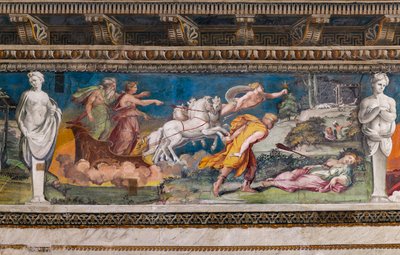 Procris a soha nem tévedő gerelytől, Cephalus feléje fut, Aurora és Titone pedig négy ló által húzott szekéren alkotó: Baldassarre Peruzzi