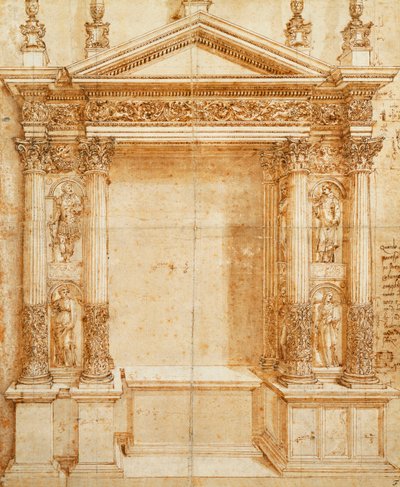 Oltár tervezése oromfalas tabernákulummal, amely Szent Lúcia, Szent Ágnes, Szent Ansanusz és Szent István páros korinthoszi szobraira támaszkodik, ezek közötti fülkékben alkotó: Baldassarre Peruzzi