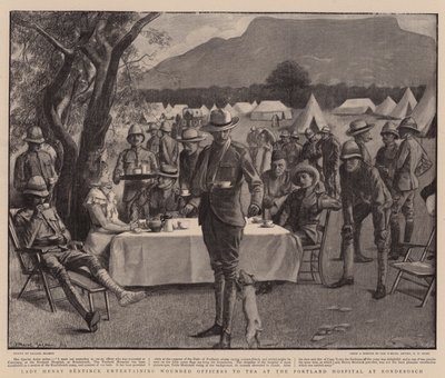 Lady Henry Bentinck a Rondebosch-i Portland Kórházban teázó sebesült tiszteket szórakoztatja (litho) alkotó: Balliol (after) Salmon
