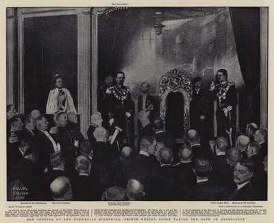 A norvég államalapítás, Gusztáv Adolf herceg leteszi a hűségesküt (litográfia) alkotó: Balliol (after) Salmon