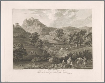 Roccagiovine kilátása Rocca Giovine (cím a tárgyon) Suite de VI vues des Environs de Rome (...) (sorozat címe) alkotó: Balthasar Anton Dunker