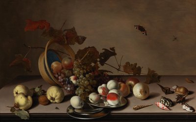 Gyümölcscsendélet fonott kosárral, kagylóval és pillangóval, 17. század első fele. alkotó: Balthasar van der Ast