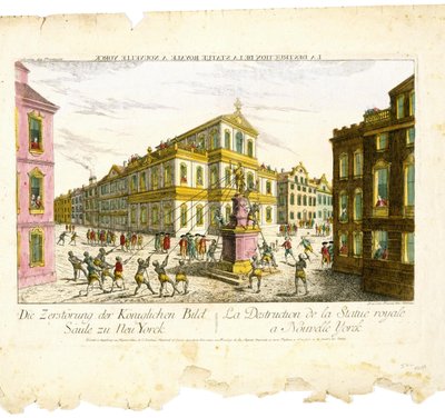 A királyi szobor lerombolása New Yorkban alkotó: Balthasar Friedrich Leizelt