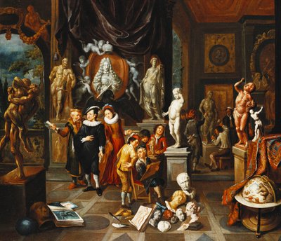 Egy elegáns pár szoborgalériába látogat, egy művész vázlatot készít, és egy szobrász dolgozik azon túl, alkotó: Balthasar van den Bossche