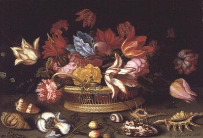 Virágkosár kagylókkal egy párkányon (olajpanel) alkotó: Balthasar van der Ast