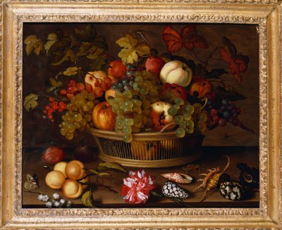 Szőlő, alma, őszibarack és szilva egy kosárban Gyöngyvirággal alkotó: Balthasar van der Ast