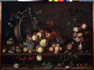 "Csendélet gyümölcsökkel, virágokkal és papagájokkal" (más néven "Csendélet gyümölcsökkel, kagylókkal és rovarokkal") Balthasar van der Ast (1593/4-1657) festménye 1620 körül Méret: 75x104 cm Ermi Múzeum alkotó: Balthasar van der Ast