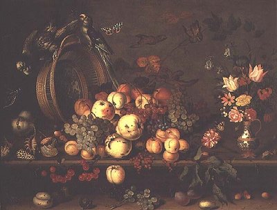 Csendélet gyümölcsökkel, virágokkal és papagájokkal, 1620-as évek eleje (tábla) alkotó: Balthasar van der Ast