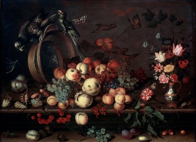 Csendélet gyümölcsökkel, virágokkal és papagájokkal, 1620-as évek alkotó: Balthasar van der Ast