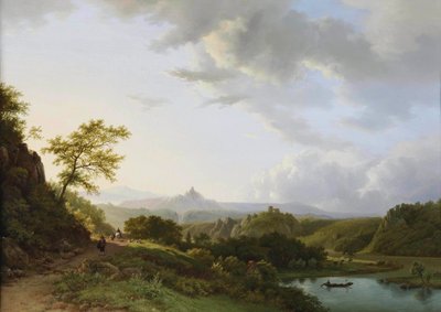 Nyári panorámás táj, utazókkal és egy várrommal a távolban alkotó: Barend Cornelis Koekkoek