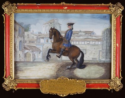 35. sz. A Spanyol Lovasiskola Barbary bay lova díjlovaglást végrehajtva a firenzei Szent Márk téren (wc papíron) alkotó: Baron Reis Eisenberg