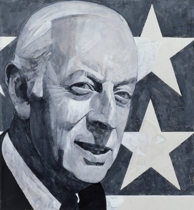 Alistair Cooke portréja, a The Listener illusztrációja, 1970-es évek (gouache a fedélzeten) alkotó: Barry Fantoni