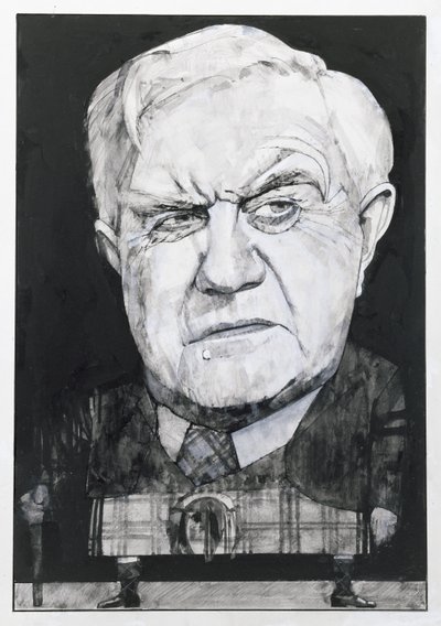 Andrew Cruickshank portréja, illusztráció a The Sunday Times számára (gouache a fedélzeten) alkotó: Barry Fantoni