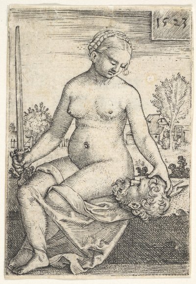Judit, meztelenül ül, karddal a jobb kezében, és Holofernész fejét nézi..., 1523. alkotó: Barthel Beham