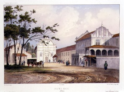 Állami ház Malacca-ban, metszet: Alfred Leon Lemercier, 1840 körül (kézzel színezett litó) alkotó: Barthelemy (after) Lauvergne