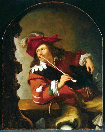 Egy fiatal férfi az asztalnál ül, pipázik, miközben a tükörbe néz (olaj a panelen) alkotó: Bartholomaus Maton