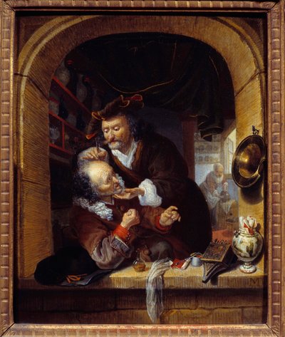 Orvostudomány: „” az orvos kis vérzést ad ki betege fejfájásának kezelésére”” Bartholomeus Maton (1643-1684) festménye 17. század V. 0,27x0,21 m Párizs, Musee du Petite Palais alkotó: Bartholomaus Maton