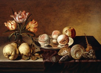 Ezüst tányér őszibarack, váza papagáj tulipánokkal, körtével és kagylókkal egy részben terített asztalon, alkotó: Bartholomeus Assteyn