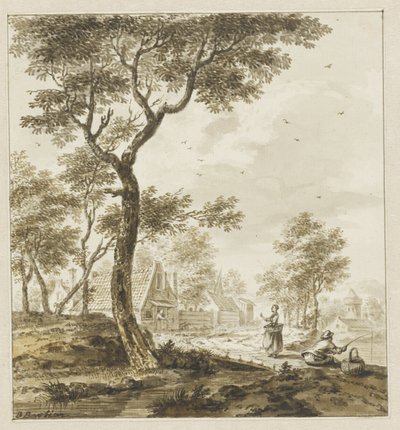Táj figurákkal és jobb oldalon egy horgász alkotó: Bartholomeus Barbiers