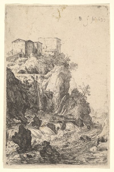 Vízesések a Ponte della Trave közelében, épületek fölött egy sziklás kiemelkedésen, a ... sorozatból, 1639. alkotó: Bartholomeus Breenbergh