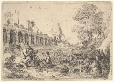 A szatírok előtt ülő Korzika egy folyó partján, Battista Gu... pár tányérból, 1640. alkotó: Bartholomeus Breenbergh