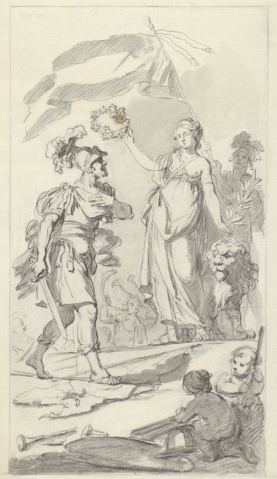 A holland szűz által megkoronázott bátor Batáv, 1799 Az 1799. december 17-i békét ünneplő országos fesztivál emlékművének tervei (sorozat címe) alkotó: Bartholomeus Ziesenis