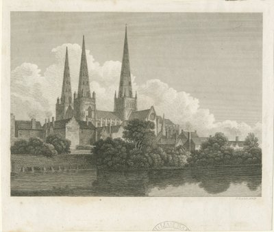 Lichfield katedrális – délnyugati nézet: metszet, nd [?1796] alkotó: Bartholomew Howlett