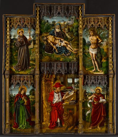 Hordozható oltárkép: Pietà, Szent Ferenc, Sebastian, János evangélista, Jeromos és Keresztelő János, 1500 körül alkotó: Bartolomé Bermejo