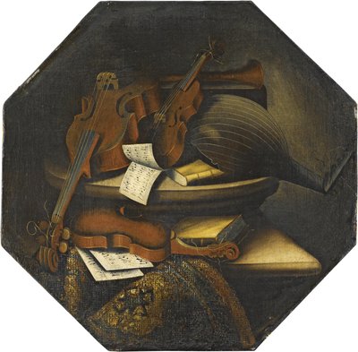 Csendélet lant, cselló, hegedű és kották egy szőnyeg melletti kőpárkányon, egy szőnyeg mellett alkotó: Bartolomeo Bettera