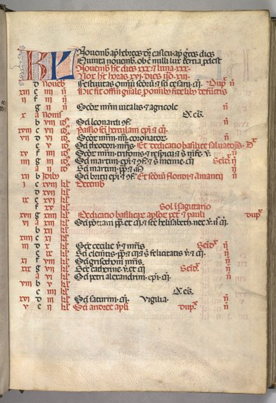 Missale: Fol. 8r: novemberi naptároldal, 1469. alkotó: Bartolomeo Caporali