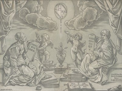 Egy tézis allegóriája, két nő feliratos táblát tart, 1640. alkotó: Bartolomeo Coriolano
