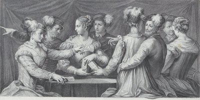 Elegánsan öltözött, kártyázó emberek csoportja, 1740-68 alkotó: Bartolomeo Crivellari
