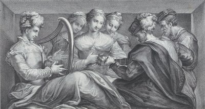 Elegánsan öltözött emberek csoportja, akik hárfán és gitáron játszanak, 1740-68 alkotó: Bartolomeo Crivellari