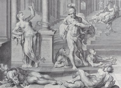 10. tábla: Ulysses arra kényszeríti Circe-t, hogy állítsa helyre társai emberi alakját, amivel ő rendelkezett..., 1756 alkotó: Bartolomeo Crivellari