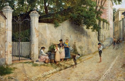 Szökőkútnál, Bartolomeo Giuliano (1825-1909), olaj, vászon, 64,5x100 cm alkotó: Bartolomeo Giuliano