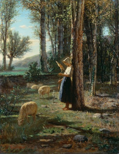Pásztorlány birkanyájjal, Bartolomeo Giuliano (1825-1909), olaj, vászon, 35x27 cm alkotó: Bartolomeo Giuliano