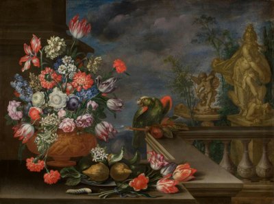 Csendélet virágvázával, citrusfélékkel, papagájjal és szökőkút szoborral alkotó: Bartolomeo Ligozzi