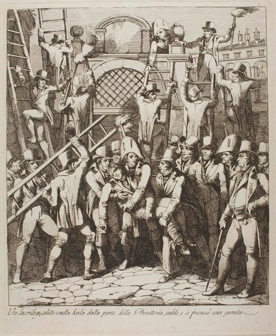 Egy istenkáromló eltöri a lábát, miközben átmászik a Vatikán falain, 1809. július 6. alkotó: Bartolomeo Pinelli
