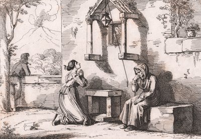 Egy lány, aki a Madonnához imádkozik beteg édesanyjáért, Bartolomeo Pinelli rézkarca (Róma alkotó: Bartolomeo Pinelli