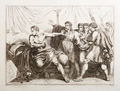 Cato, aki nem akarta túlélni a hazájától távoli rabszolgaságot, beleinek kitépésével megöli magát alkotó: Bartolomeo Pinelli