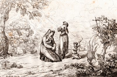 Ciociara nő imádkozik a kereszt előtt, ahol megölték férjét, Bartolomeo Pinelli (Róma) metszet alkotó: Bartolomeo Pinelli