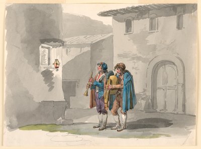 Rajz, "Pifferari", Két abruzzói dudás Rómában, 1807-08 alkotó: Bartolomeo Pinelli