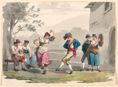 Rajz, "Saltarello Romano", Táncoló parasztok Róma szomszédságában, 1807-08 alkotó: Bartolomeo Pinelli