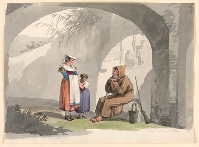 Rajz, Két frascati lány meglátogat egy remetét, 1807 alkotó: Bartolomeo Pinelli