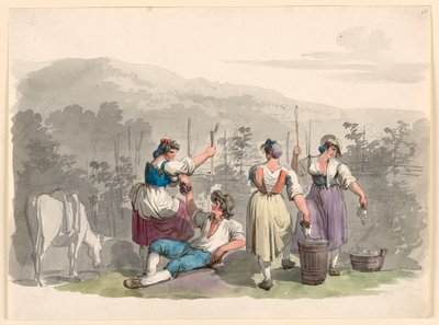 Rajz, Szüret a Róma melletti hegyekben, 1807-08 alkotó: Bartolomeo Pinelli