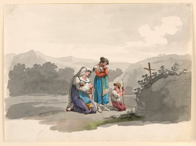 Rajz, Nő egy csecsemővel imádkozik a kereszt előtt, amely a férje halálának helyét jelöli, 1807-08 alkotó: Bartolomeo Pinelli