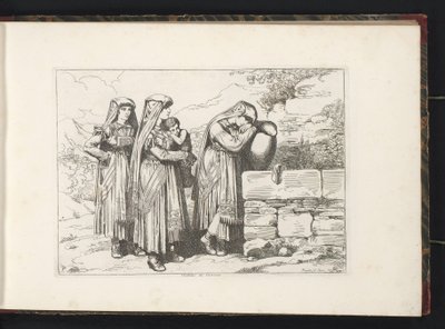 Három nő és egy gyermek Cervara di Romából Costumi di Cervara (cím a tárgyon) Jelmeznyomatok Rómából és környékéről származó figurákkal (sorozat címe) Nuova raccolta di cinquanta costumi de contorni di Roma (sorozat címe) alkotó: Bartolomeo Pinelli