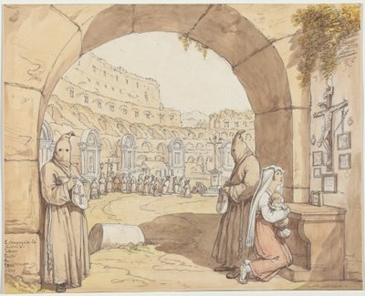 La Compagnia dei sacconi al Colosseo (A Kolosszeumban az oltárok előtt imádkozó bűnbánók) alkotó: Bartolomeo Pinelli