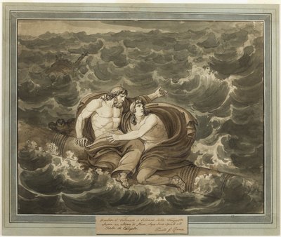 Mentor és Telemachus, akik túlélték a vihart, az árbocra feszített Calypso szigetére, Telemachus kalandjai, 6. könyvből alkotó: Bartolomeo Pinelli