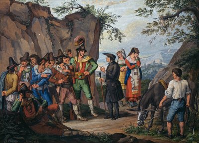 A megadásról szóló tárgyalások Gasparone brigand és Pellegrini főpap között alkotó: Bartolomeo Pinelli